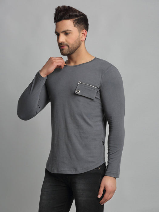 Grey Pocket Detailing Round Neck Cotton Full Sleeve T-Shirt