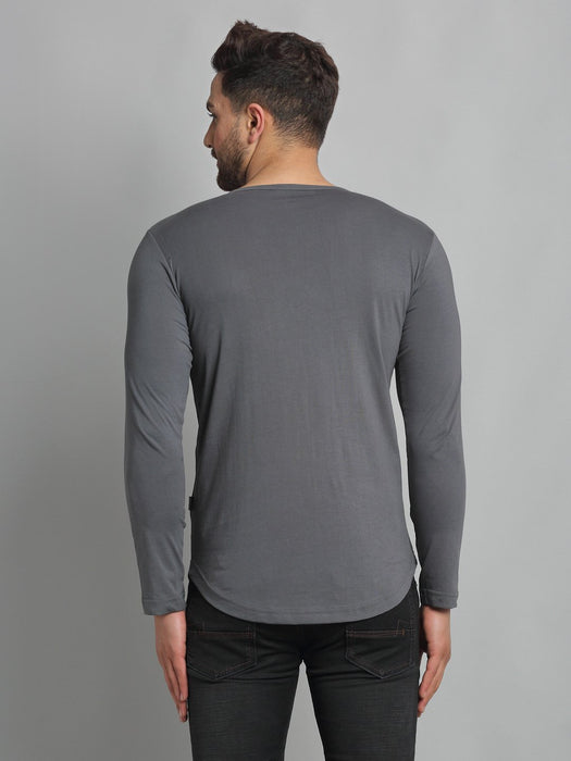 Grey Pocket Detailing Round Neck Cotton Full Sleeve T-Shirt