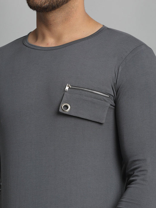 Grey Pocket Detailing Round Neck Cotton Full Sleeve T-Shirt