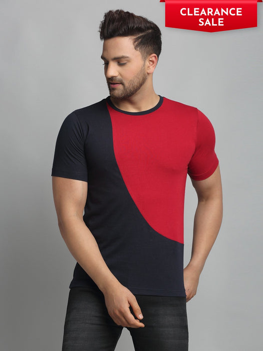 Navy Maroon Cut & Sew Round Neck Cotton Half Sleeve T-Shirt