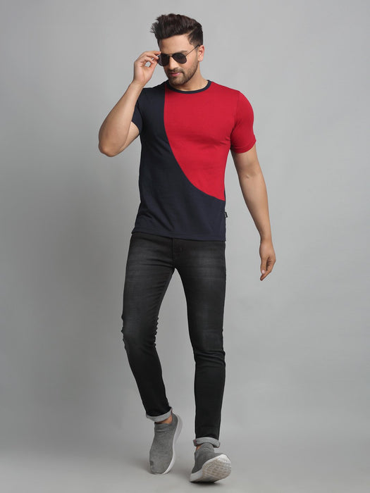 Navy Maroon Cut & Sew Round Neck Cotton Half Sleeve T-Shirt