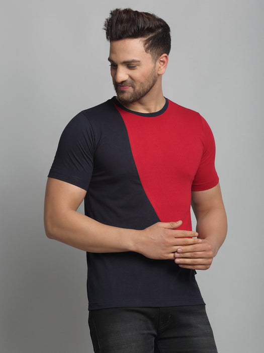 Navy Maroon Cut & Sew Round Neck Cotton Half Sleeve T-Shirt