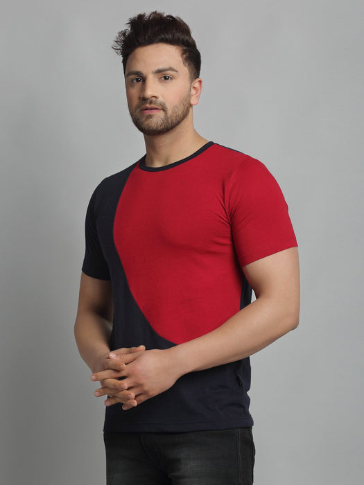 Navy Maroon Cut & Sew Round Neck Cotton Half Sleeve T-Shirt