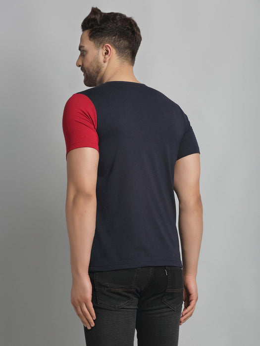 Navy Maroon Cut & Sew Round Neck Cotton Half Sleeve T-Shirt