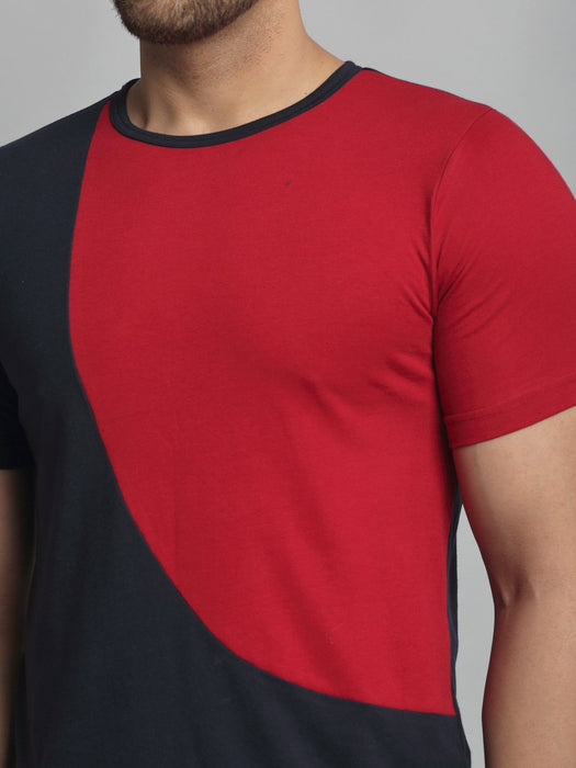 Navy Maroon Cut & Sew Round Neck Cotton Half Sleeve T-Shirt