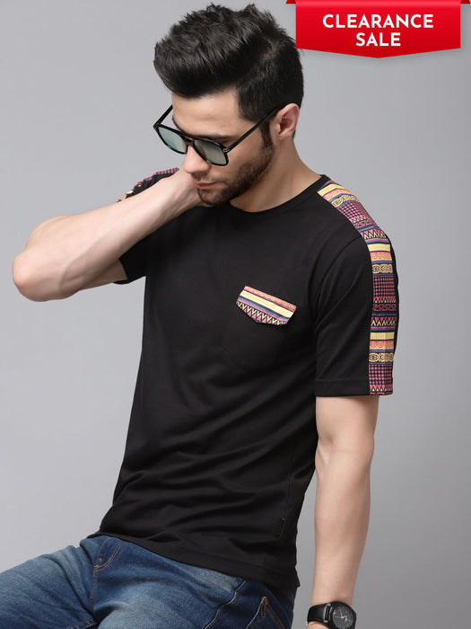 Black T-Shirt with Printed Contrast Detailing On Sleeve Round Neck Cotton Half Sleeve