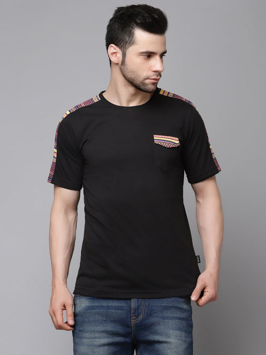 Black T-Shirt with Printed Contrast Detailing On Sleeve Round Neck Cotton Half Sleeve