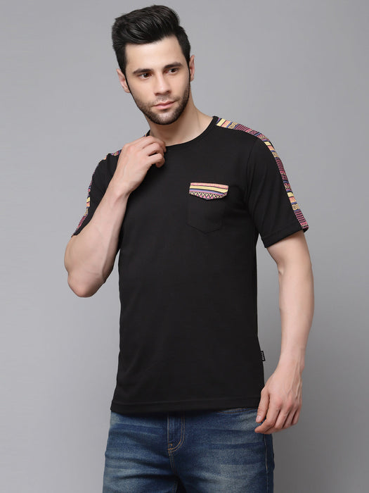 Black T-Shirt with Printed Contrast Detailing On Sleeve Round Neck Cotton Half Sleeve