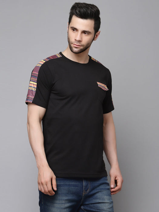 Black T-Shirt with Printed Contrast Detailing On Sleeve Round Neck Cotton Half Sleeve