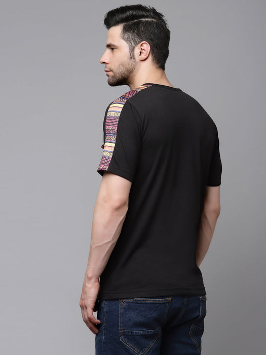 Black T-Shirt with Printed Contrast Detailing On Sleeve Round Neck Cotton Half Sleeve