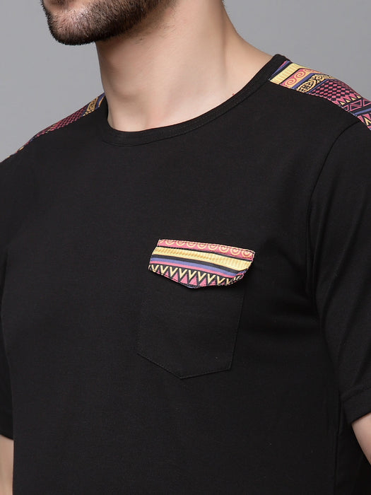 Black T-Shirt with Printed Contrast Detailing On Sleeve Round Neck Cotton Half Sleeve