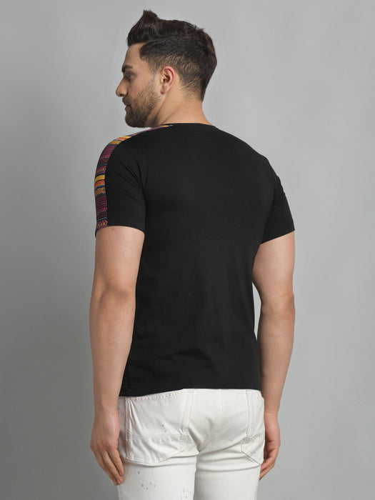 Black With Printed Contrast Detailing On Sleeve Round Neck Cotton Half Sleeve T-Shirt