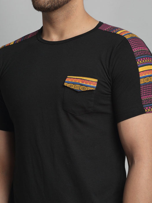 Black With Printed Contrast Detailing On Sleeve Round Neck Cotton Half Sleeve T-Shirt