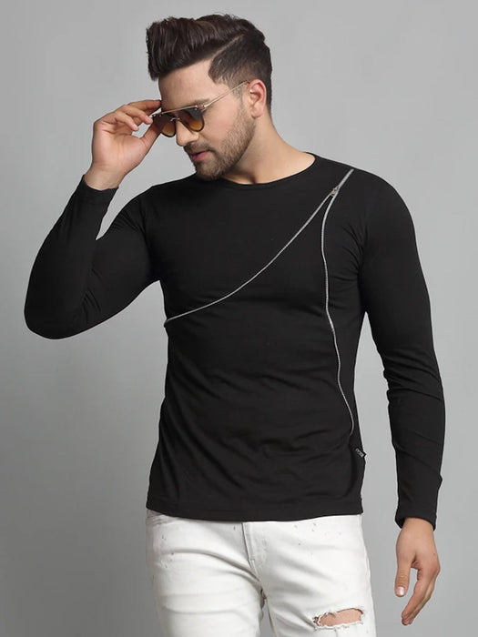 Black Zip Detailing Cotton Full Sleeve T-Shirt