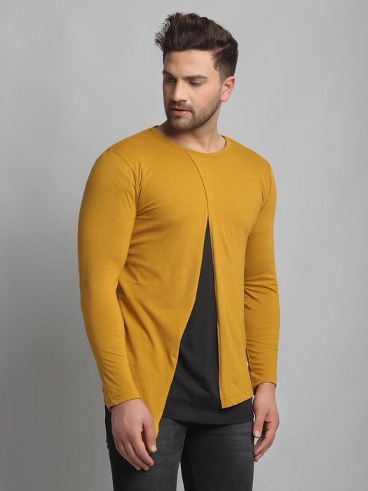 Mustard Overlap Round Neck Cotton Full Sleeve T-Shirt