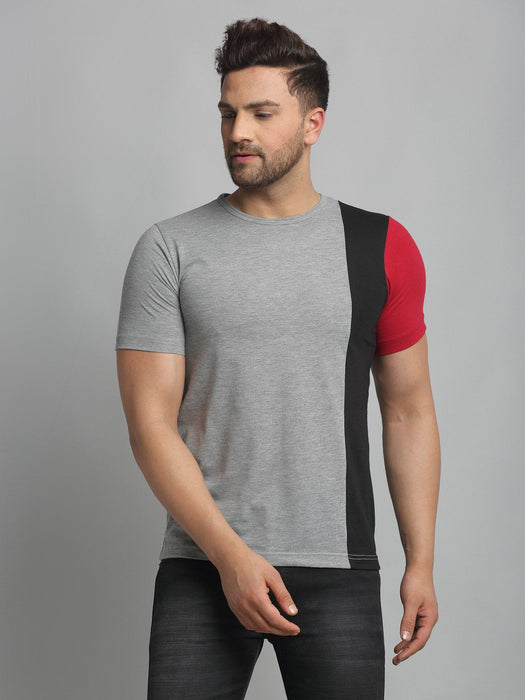 Grey Vertical Color Block Round Neck Cotton Half Sleeve T-Shirt