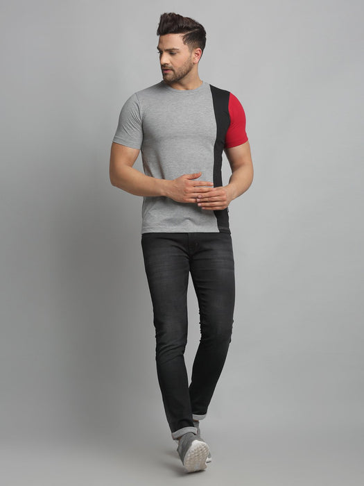 Grey Vertical Color Block Round Neck Cotton Half Sleeve T-Shirt