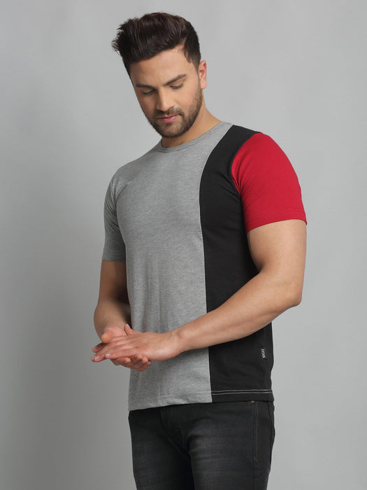 Grey Vertical Color Block Round Neck Cotton Half Sleeve T-Shirt