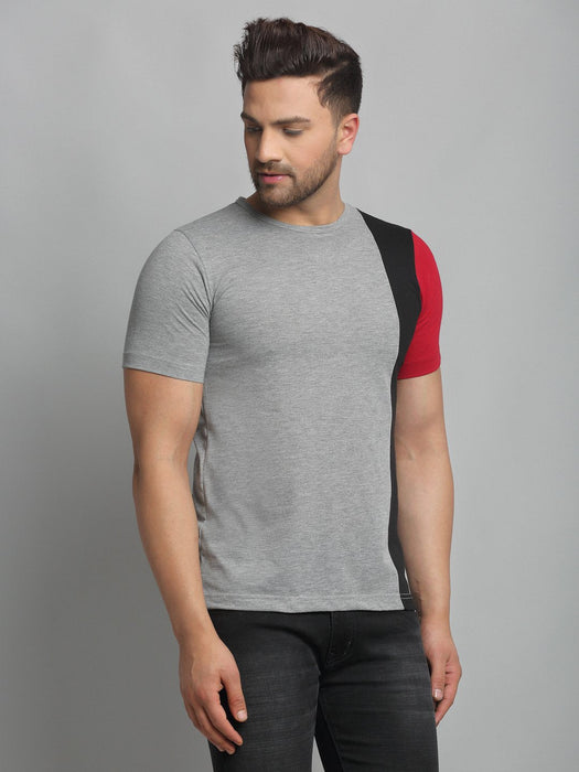 Grey Vertical Color Block Round Neck Cotton Half Sleeve T-Shirt