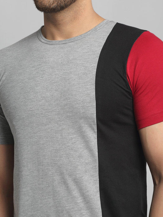 Grey Vertical Color Block Round Neck Cotton Half Sleeve T-Shirt