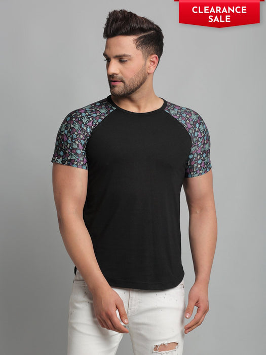 Black Printed Raglan Round Neck Cotton Half Sleeve T-Shirt