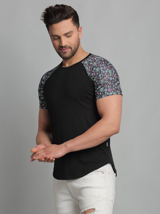 Black Printed Raglan Round Neck Cotton Half Sleeve T-Shirt