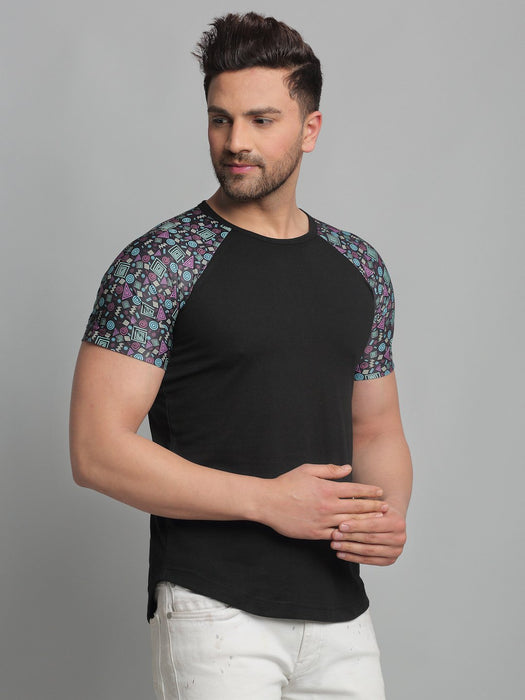 Black Printed Raglan Round Neck Cotton Half Sleeve T-Shirt