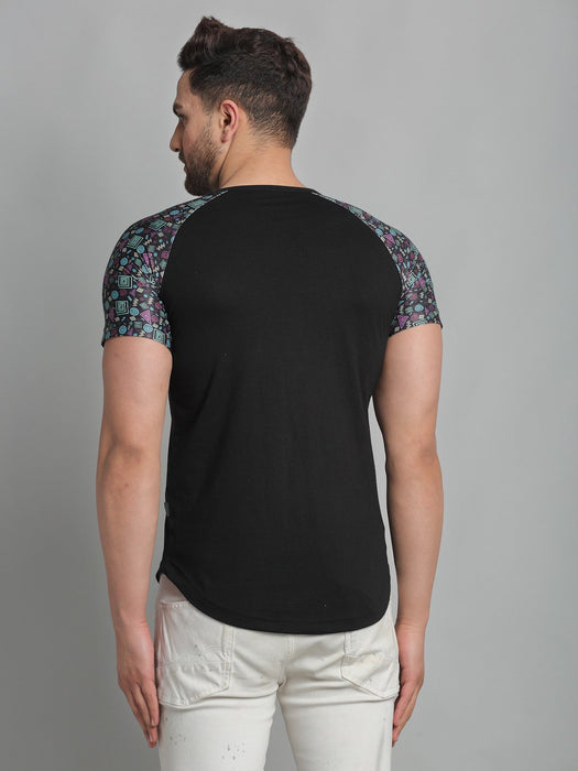 Black Printed Raglan Round Neck Cotton Half Sleeve T-Shirt