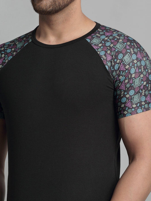 Black Printed Raglan Round Neck Cotton Half Sleeve T-Shirt