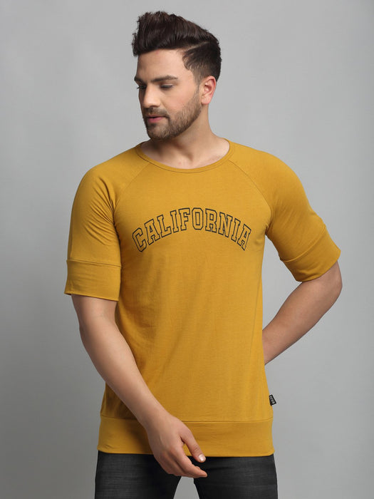 Mustard CALIFORNIA Print Round Neck Cotton Raglan Half Sleeve T-Shirt