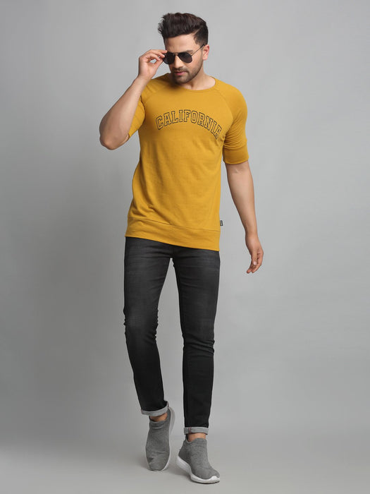 Mustard CALIFORNIA Print Round Neck Cotton Raglan Half Sleeve T-Shirt