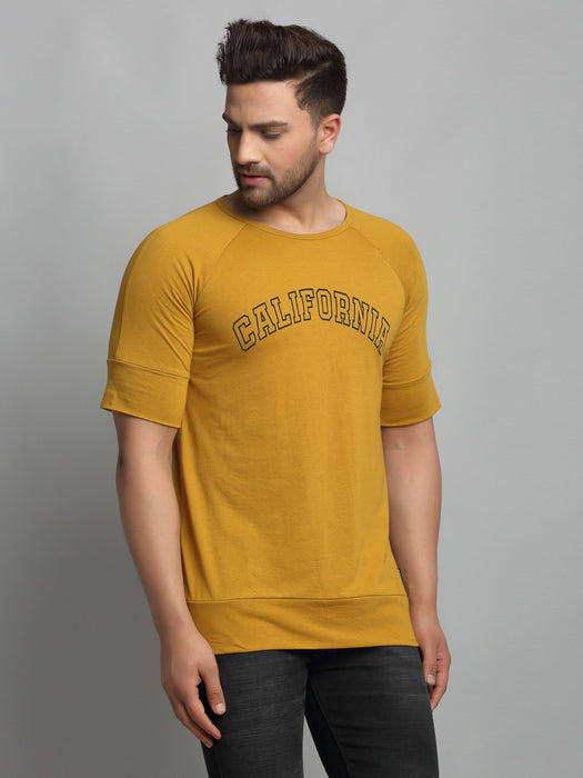 Mustard CALIFORNIA Print Round Neck Cotton Raglan Half Sleeve T-Shirt