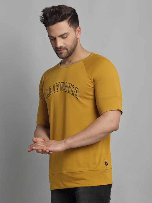 Mustard CALIFORNIA Print Round Neck Cotton Raglan Half Sleeve T-Shirt