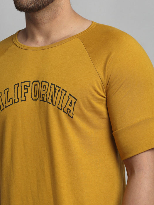 Mustard CALIFORNIA Print Round Neck Cotton Raglan Half Sleeve T-Shirt