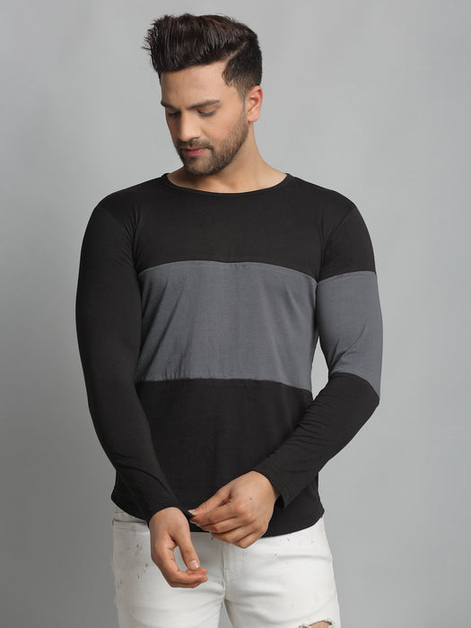 Black Light Grey Cut & Sew Round Neck Cotton Full Sleeve T-Shirt