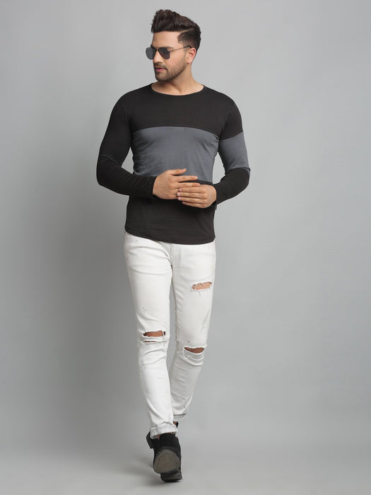 Black Light Grey Cut & Sew Round Neck Cotton Full Sleeve T-Shirt