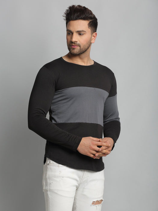 Black Light Grey Cut & Sew Round Neck Cotton Full Sleeve T-Shirt