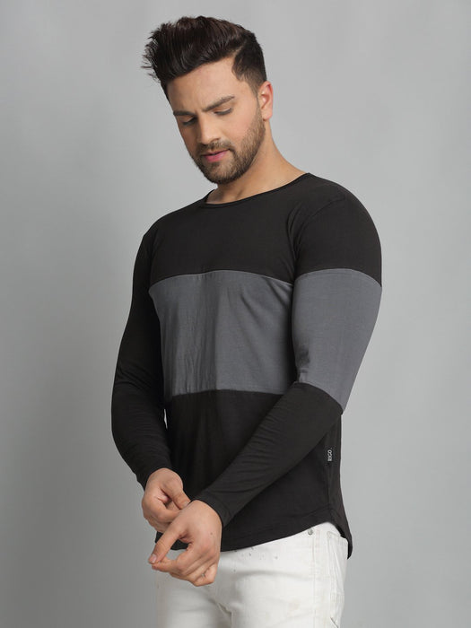 Black Light Grey Cut & Sew Round Neck Cotton Full Sleeve T-Shirt