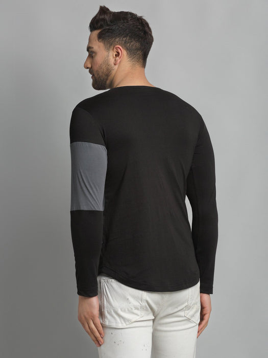 Black Light Grey Cut & Sew Round Neck Cotton Full Sleeve T-Shirt