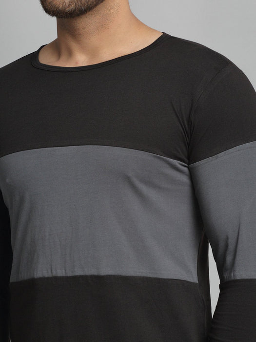 Black Light Grey Cut & Sew Round Neck Cotton Full Sleeve T-Shirt