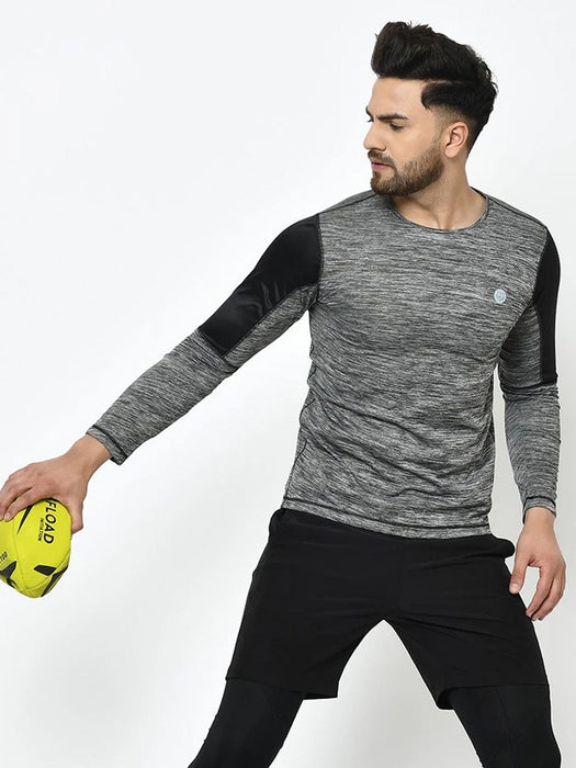 Active Wear Grey Self Design Cut & Sew Full Sleeve T-Shirt