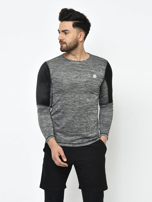 Active Wear Grey Self Design Cut & Sew Full Sleeve T-Shirt