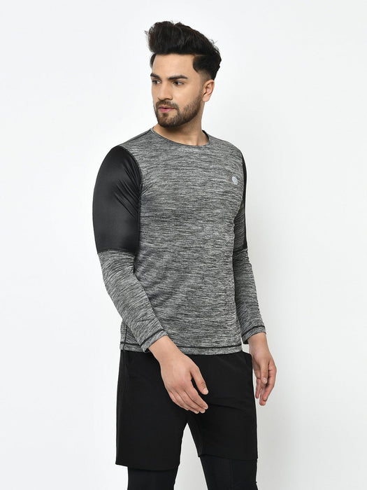 Active Wear Grey Self Design Cut & Sew Full Sleeve T-Shirt