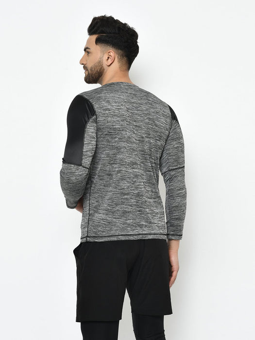 Active Wear Grey Self Design Cut & Sew Full Sleeve T-Shirt