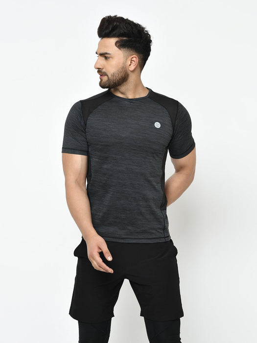 Active Wear Charcoal Black Self Design Cut & Sew Half Sleeve T-Shirt