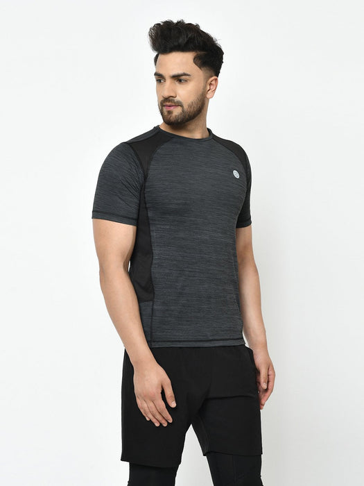 Active Wear Charcoal Black Self Design Cut & Sew Half Sleeve T-Shirt