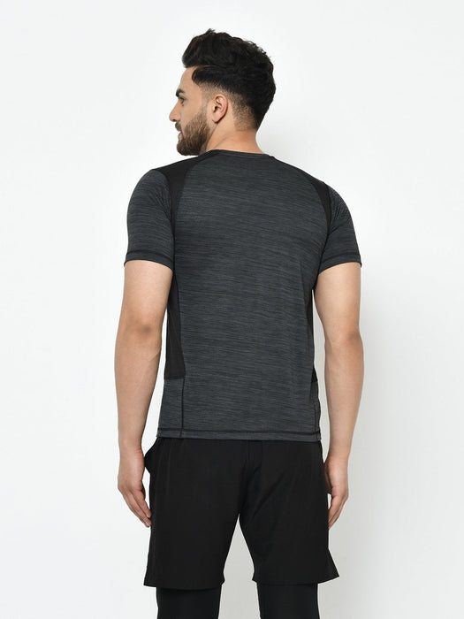 Active Wear Charcoal Black Self Design Cut & Sew Half Sleeve T-Shirt