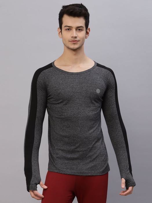 Charcoal Grindle With Contrast Detail Thumbhole Sleeve Round Neck Activewear T-Shirt