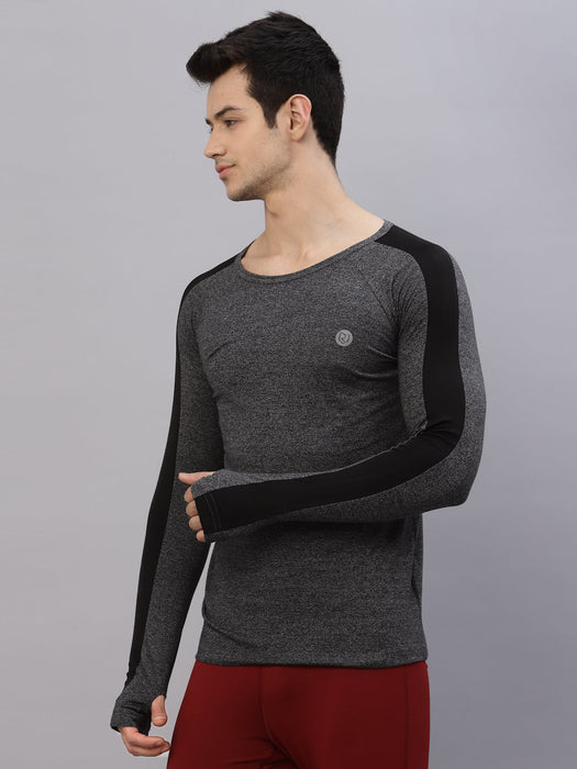 Charcoal Grindle With Contrast Detail Thumbhole Sleeve Round Neck Activewear T-Shirt