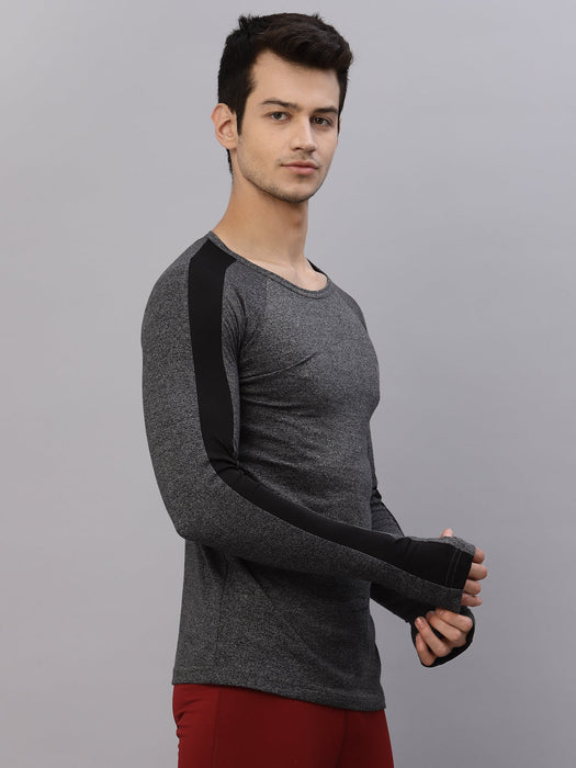 Charcoal Grindle With Contrast Detail Thumbhole Sleeve Round Neck Activewear T-Shirt